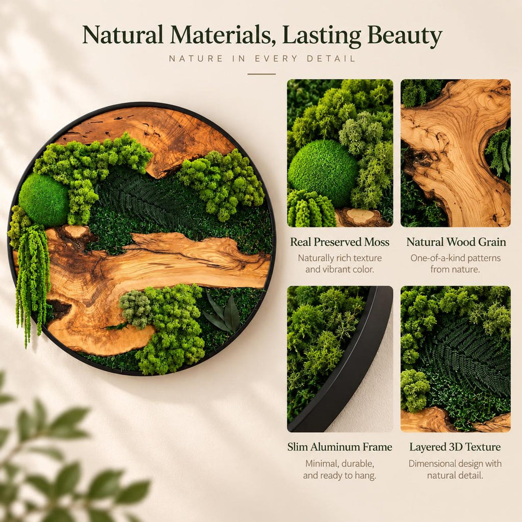 A circular wall art piece featuring preserved green moss and natural wood grain encased in a slim black aluminum frame. The text reads: Natural Materials, Lasting Beauty, Nature in Every Detail, Real Preserved Moss, Natural Wood Grain, Slim Aluminum Frame, and Layered 3D Texture.