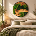 A circular wall art piece featuring a black frame, natural wood grain sections, and preserved green moss in various textures and shades. The arrangement includes bright green bun moss, darker flat moss, and hanging green foliage.
