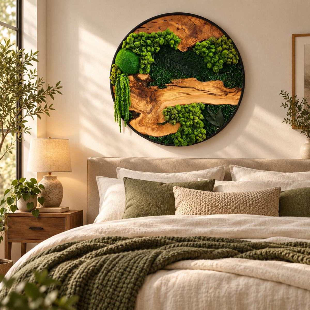 A circular wall art piece featuring a black frame, natural wood grain sections, and preserved green moss in various textures and shades. The arrangement includes bright green bun moss, darker flat moss, and hanging green foliage.