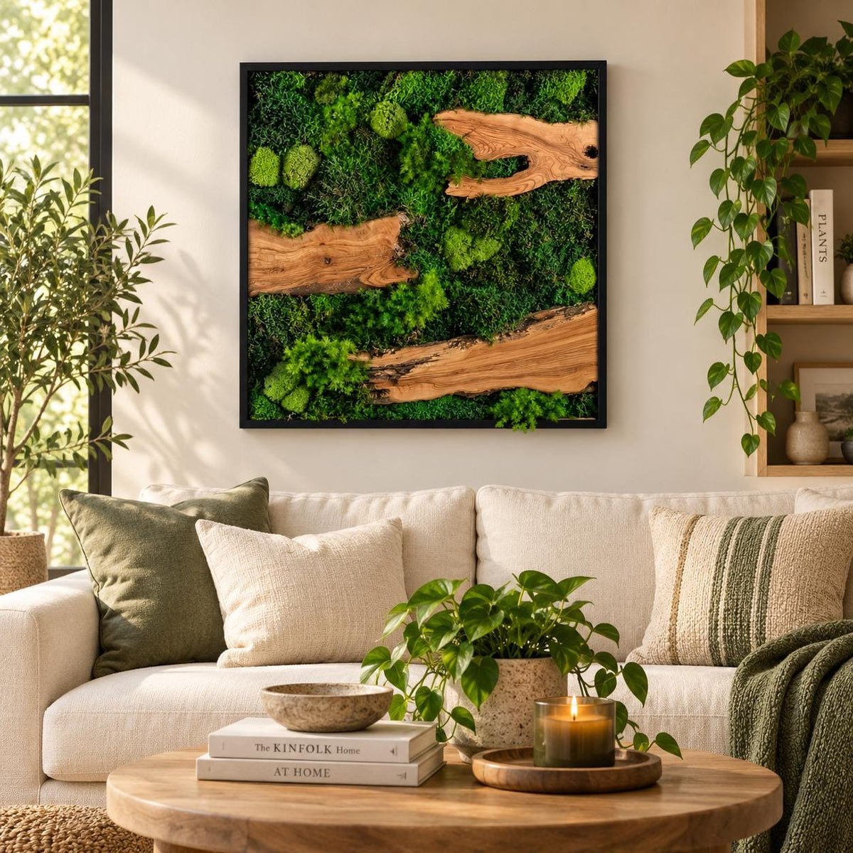 A square wall art piece featuring preserved green moss and natural light brown wood segments encased in a thin black frame. The composition displays a dense texture of various moss shades contrasted by smooth, weathered wood grain.