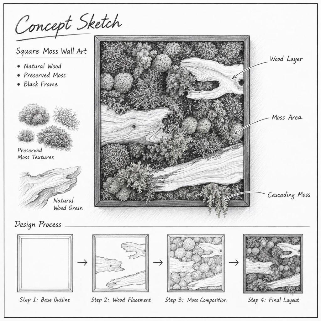 A black and white concept sketch of square moss wall art. The illustration details a black frame containing preserved moss and natural wood layers. It includes labels for wood layer, moss area, cascading moss, and a four-step design process.