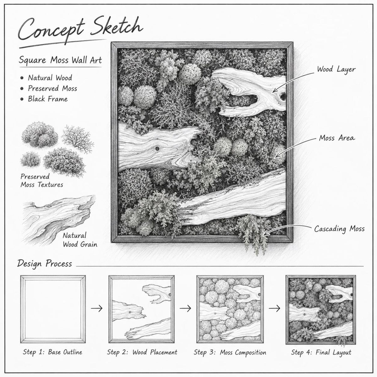 A black and white concept sketch of square moss wall art. The illustration details a black frame containing preserved moss and natural wood layers. It includes labels for wood layer, moss area, cascading moss, and a four-step design process.