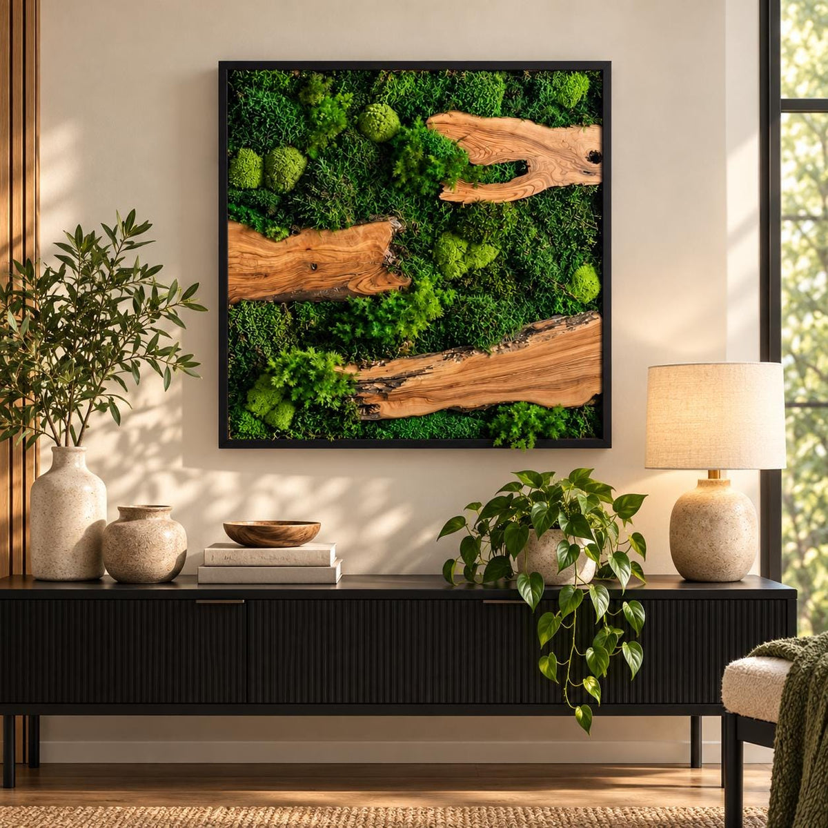 A square wall art piece featuring a dense arrangement of vibrant green preserved moss interspersed with three horizontal pieces of natural light brown wood grain, all enclosed within a thin black frame mounted on a wall.