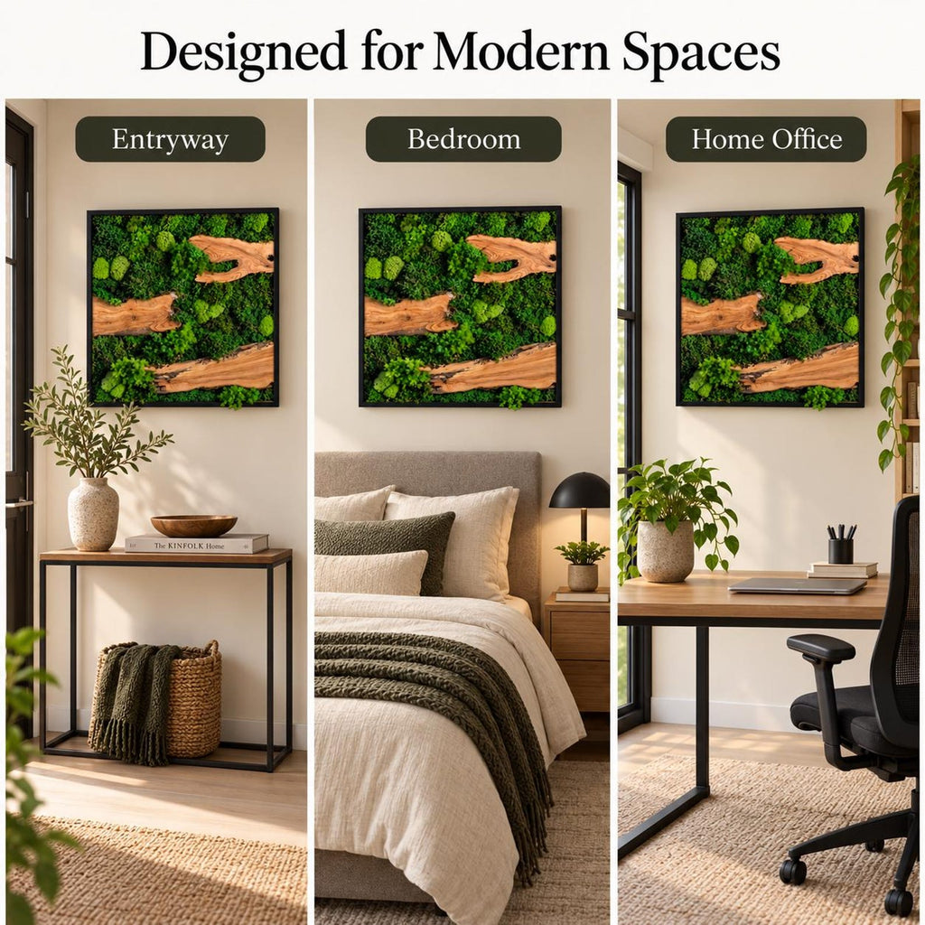 A square wall art piece featuring preserved green moss and natural wood elements in a black frame. The image displays the artwork in three different settings labeled Entryway, Bedroom, and Home Office under the text Designed for Modern Spaces.