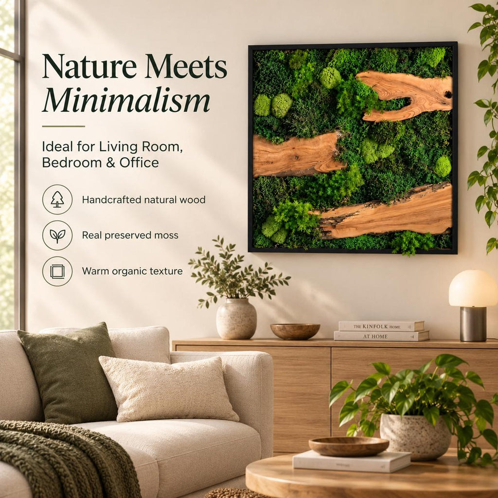 A square wall art piece featuring a black frame, preserved green moss, and natural wood accents. The text on the left reads: Nature Meets Minimalism, Ideal for Living Room, Bedroom & Office, Handcrafted natural wood, Real preserved moss, Warm organic texture.