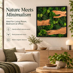 A square wall art piece featuring a black frame, preserved green moss, and natural wood accents. The text on the left reads: Nature Meets Minimalism, Ideal for Living Room, Bedroom & Office, Handcrafted natural wood, Real preserved moss, Warm organic texture.