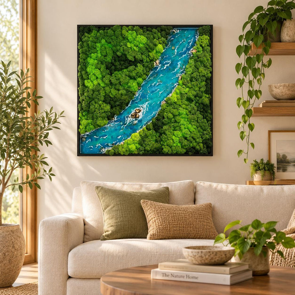A square wall art piece featuring a preserved moss landscape with a central winding river made of blue resin. The artwork is encased in a thin black frame, displaying dense textures of bright green and dark green moss foliage.