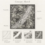 A black and white concept sketch of a square wall art piece featuring a forest landscape with a resin river, preserved moss, and natural stone accents in a black frame. The diagram includes four steps: base creation, moss application, resin pouring, and the finished piece.