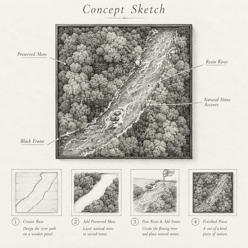 A black and white concept sketch of a square wall art piece featuring a forest landscape with a resin river, preserved moss, and natural stone accents in a black frame. The diagram includes four steps: base creation, moss application, resin pouring, and the finished piece.