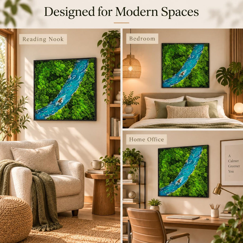 A square wall art piece featuring an aerial view of a vibrant blue river winding through a dense green forest. The artwork is displayed in three different room settings labeled Reading Nook, Bedroom, and Home Office, with the text Designed for Modern Spaces at the top.