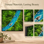 A square wall art piece featuring preserved green moss and a blue resin river. The text reads Natural Materials, Lasting Beauty, Real Preserved Moss, Resin River Detail, Black Frame Edge, and Layered 3D Texture. The art is framed in black.
