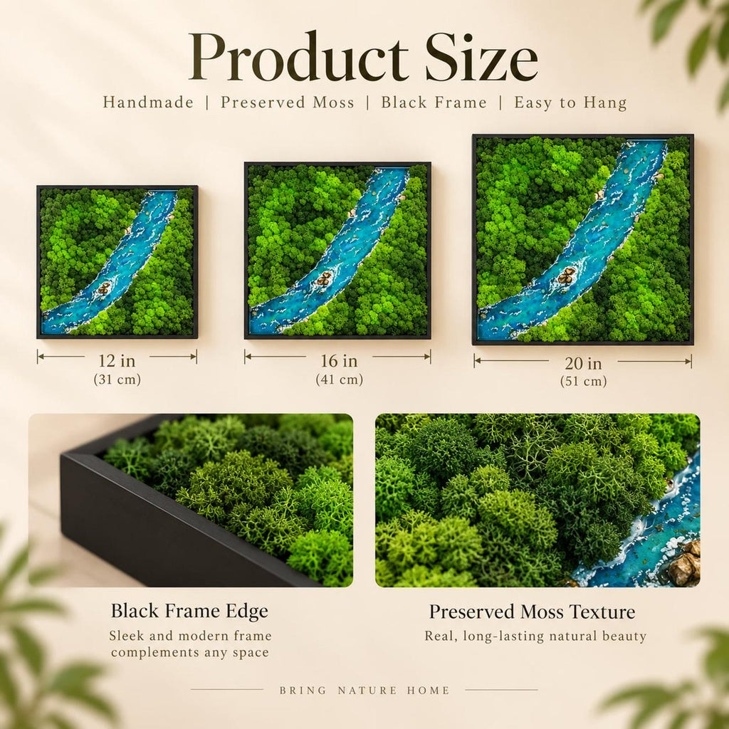Three square wall art pieces featuring preserved green moss and a blue river design in black frames. Sizes shown are 12 inches, 16 inches, and 20 inches. Close-up views show the black frame edge and the textured surface of the moss.
