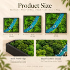 Three square wall art pieces featuring preserved green moss and a blue river design in black frames. Sizes shown are 12 inches, 16 inches, and 20 inches. Close-up views show the black frame edge and the textured surface of the moss.