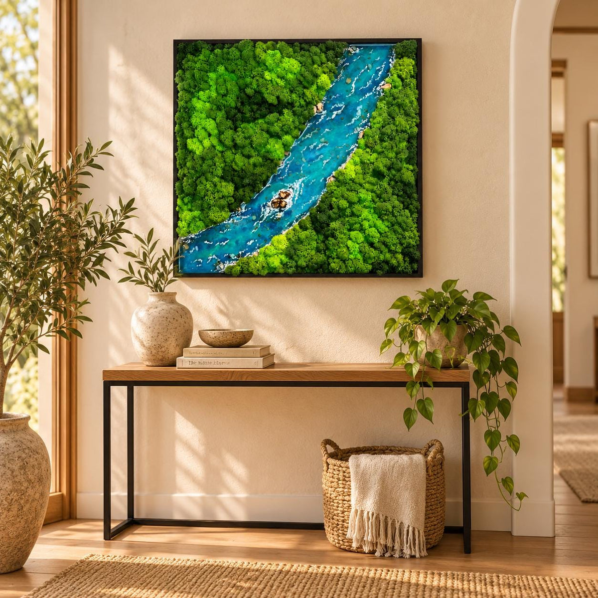 A square wall art piece featuring a textured moss landscape with a winding blue river flowing through vibrant green foliage. The artwork is framed in black and depicts a top-down view of a forest with a central water stream.