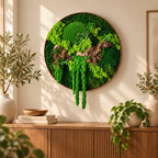 A circular wall art piece featuring preserved green moss in various shades and textures, accented with natural driftwood pieces. The arrangement is contained within a thin, circular frame, creating a dense, layered botanical display.