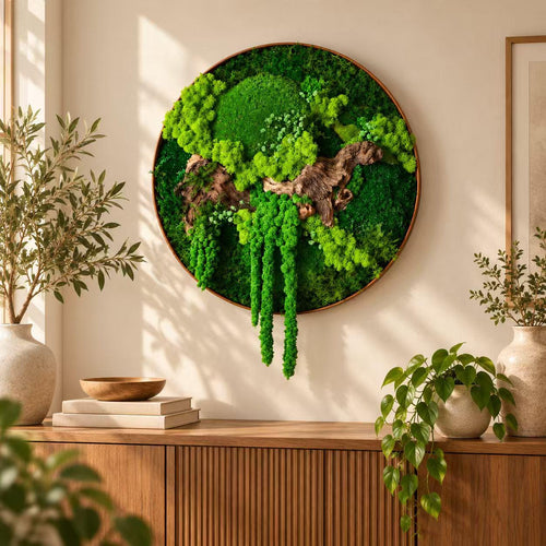 A circular wall art piece featuring preserved green moss in various shades and textures, accented with natural driftwood pieces. The arrangement is contained within a thin, circular frame, creating a dense, layered botanical display.