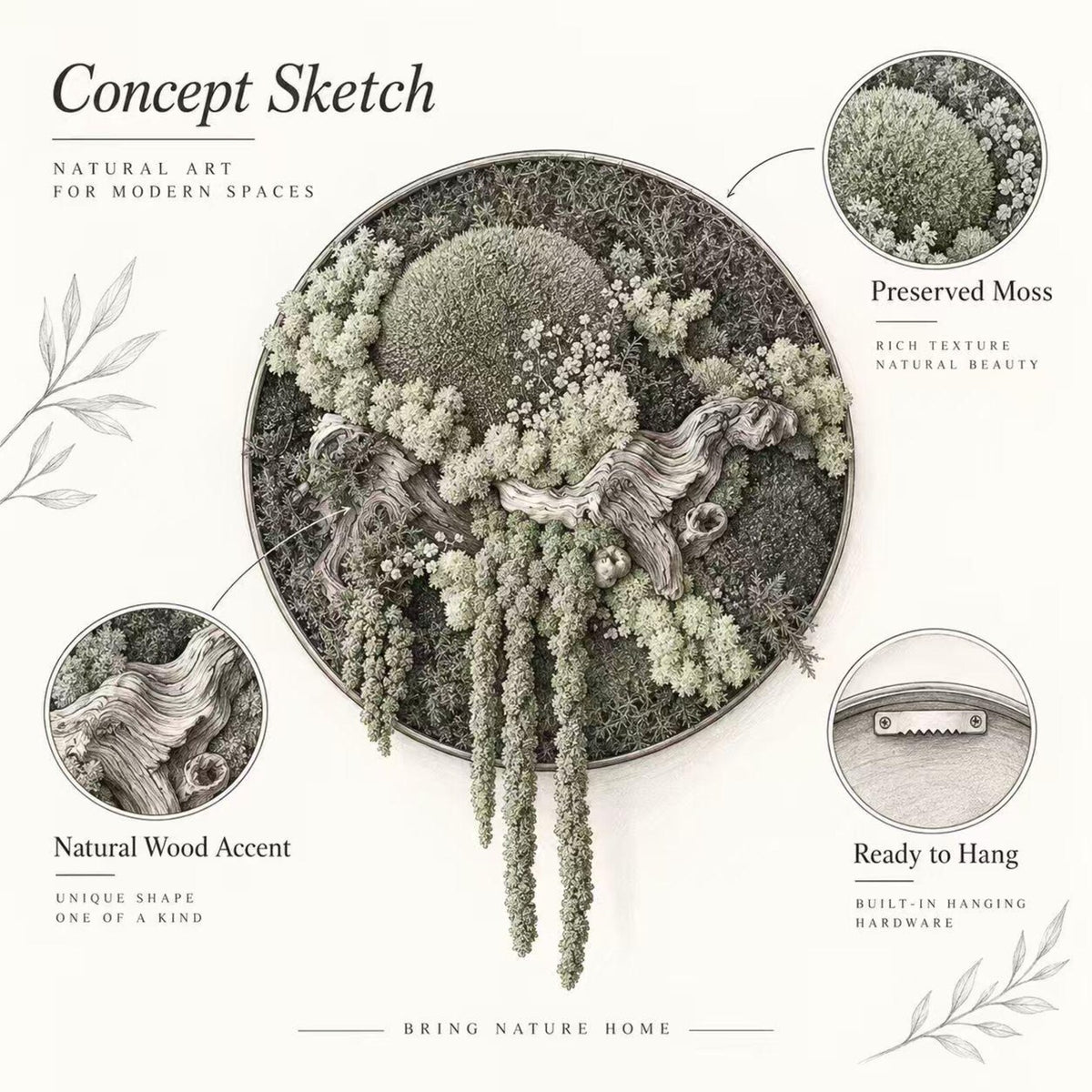 A circular wall art piece featuring preserved green moss, light-colored natural wood accents, and hanging plant textures. The display includes text labels: Concept Sketch, Preserved Moss, Natural Wood Accent, and Ready to Hang.