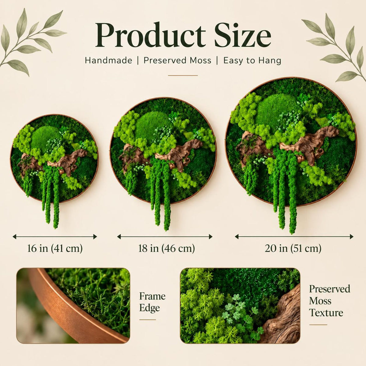 Three circular wall art pieces featuring preserved green moss and driftwood in copper-colored frames. Sizes are 16 inches, 18 inches, and 20 inches in diameter. The image includes text labels for product size, frame edge, and moss texture.