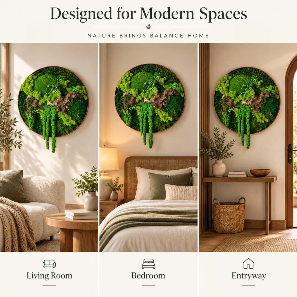 A circular wall art piece featuring preserved green moss, ferns, and wood elements. The text reads: Designed for Modern Spaces, NATURE BRINGS BALANCE HOME, Living Room, Bedroom, Entryway. The art is displayed in three different rooms.