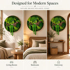 A circular wall art piece featuring preserved green moss, ferns, and wood elements. The text reads: Designed for Modern Spaces, NATURE BRINGS BALANCE HOME, Living Room, Bedroom, Entryway. The art is displayed in three different rooms.