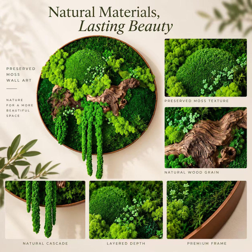 A circular wall art piece featuring preserved green moss and a piece of natural driftwood inside a copper-toned frame. The text reads Natural Materials, Lasting Beauty, Preserved Moss Wall Art, Nature for a more beautiful space.