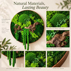A circular wall art piece featuring preserved green moss and a piece of natural driftwood inside a copper-toned frame. The text reads Natural Materials, Lasting Beauty, Preserved Moss Wall Art, Nature for a more beautiful space.