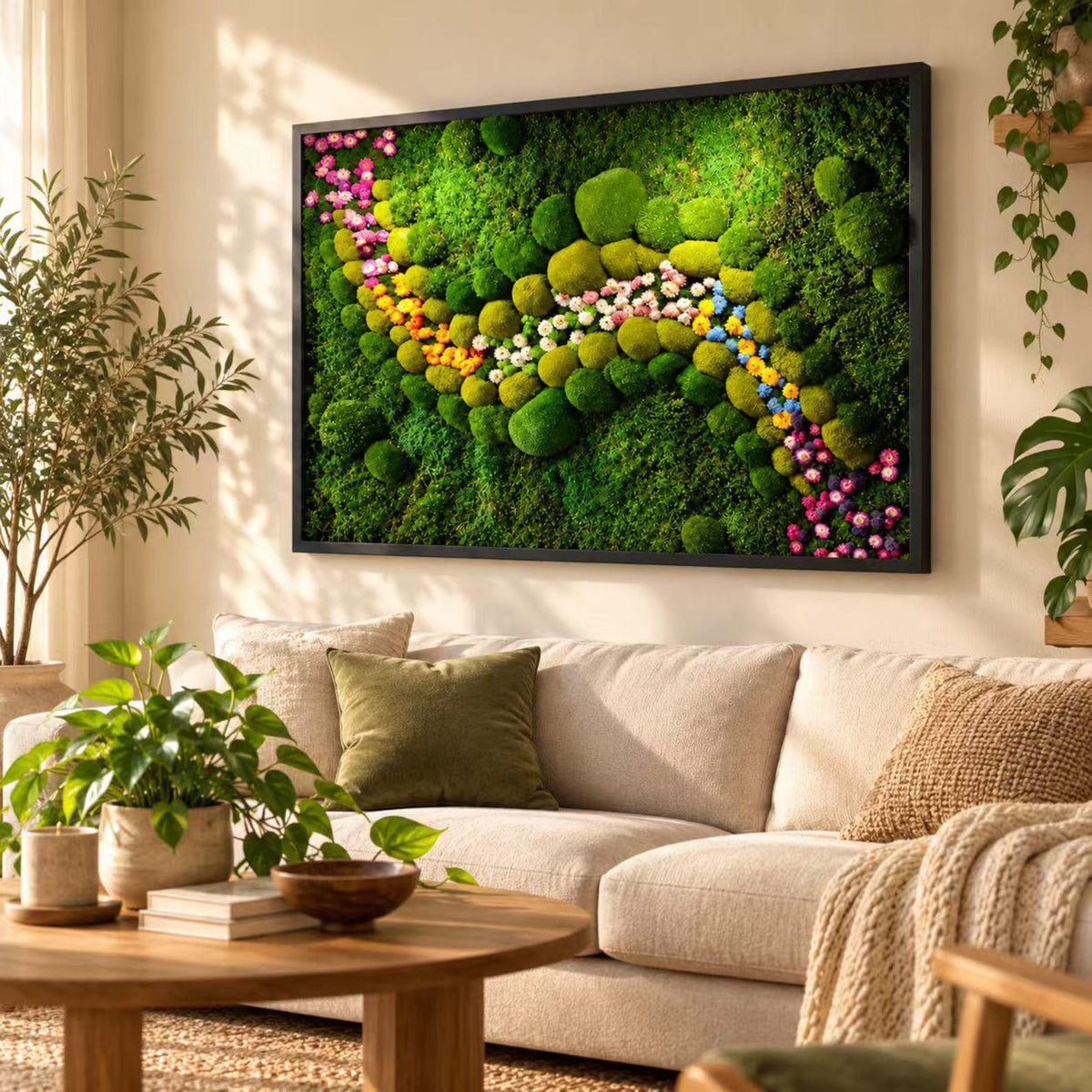 A rectangular wall art piece featuring a dense arrangement of preserved green moss in various shades, accented by a winding path of small, colorful flowers in pink, yellow, white, and blue, all enclosed within a thin black frame.