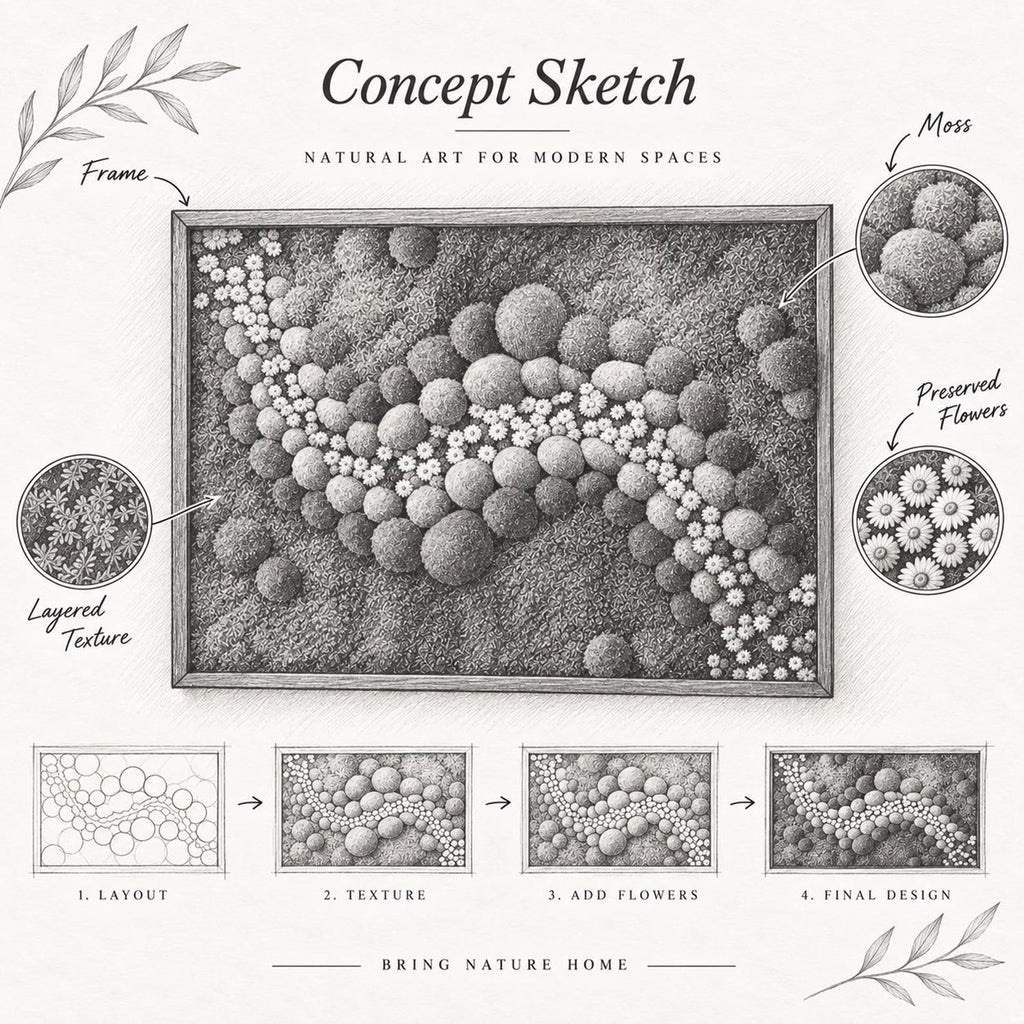 A black and white concept sketch of a rectangular framed wall art piece featuring a moss and flower design. The image includes labels for Frame, Moss, Preserved Flowers, and Layered Texture, plus a four-step design process.