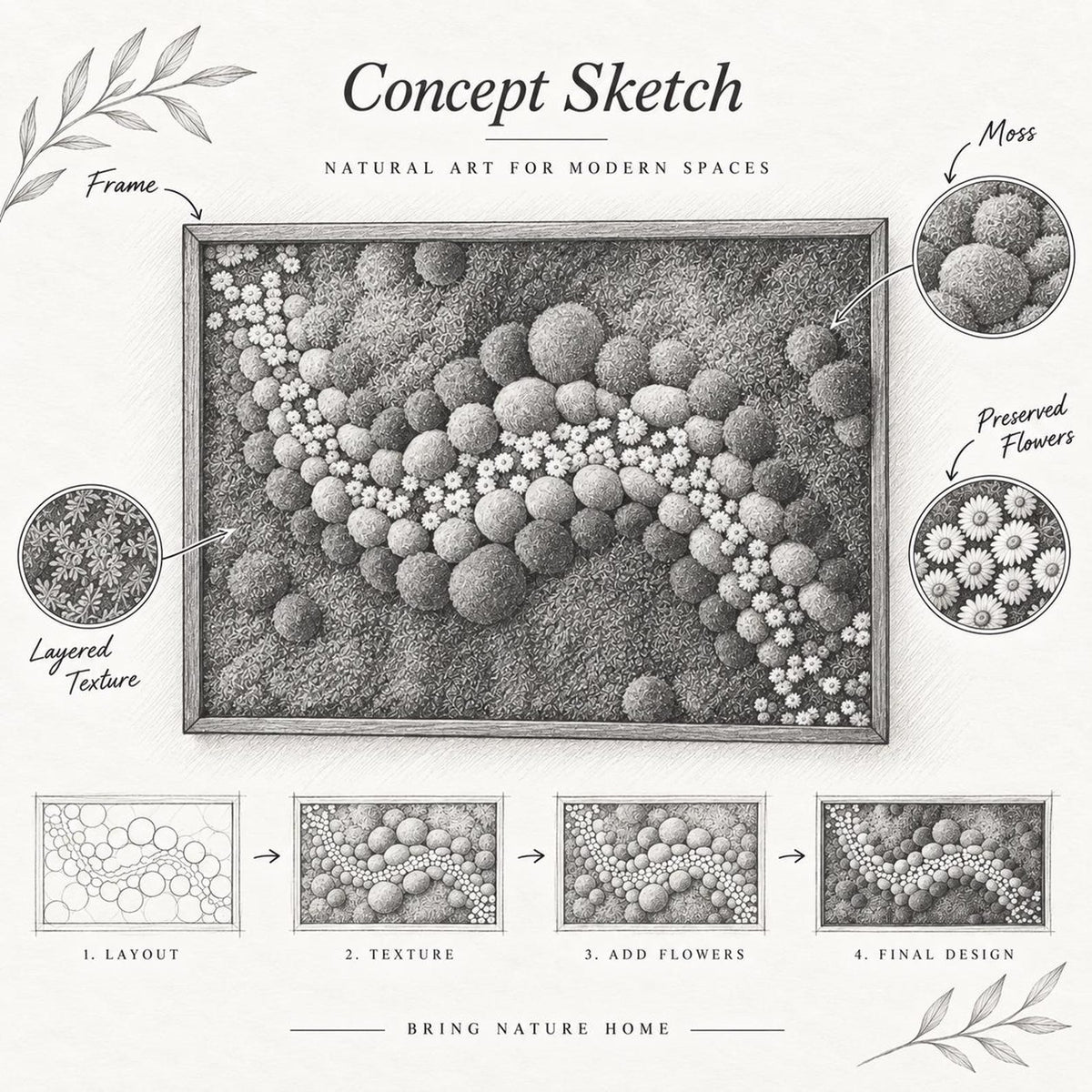 A black and white concept sketch of a rectangular framed wall art piece featuring a moss and flower design. The image includes labels for Frame, Moss, Preserved Flowers, and Layered Texture, plus a four-step design process.