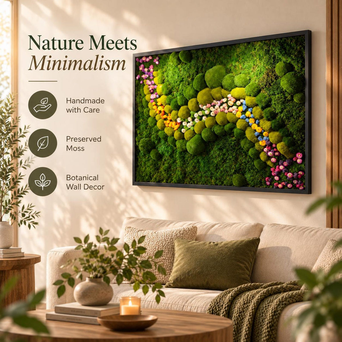 A rectangular wall art piece featuring preserved green moss in various shades and textures, accented by a winding path of small pink, yellow, and white flowers. The artwork is encased in a thin black frame and mounted on a wall.