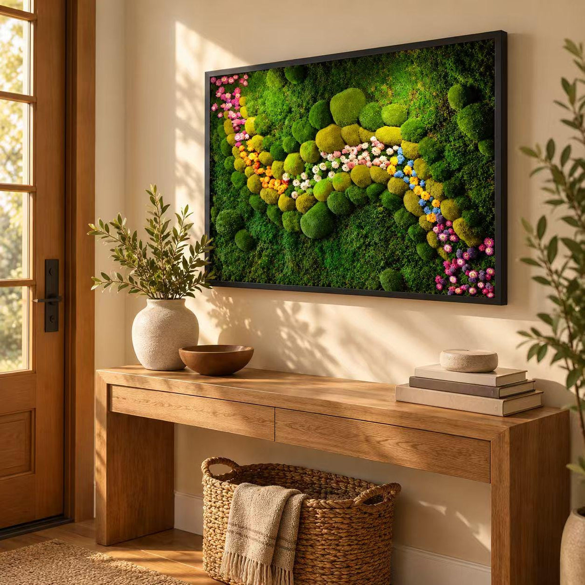 A rectangular wall art piece featuring a dense arrangement of green moss in various shades, accented by a winding path of small, colorful flowers in pink, yellow, orange, and blue, all enclosed within a thin black frame.