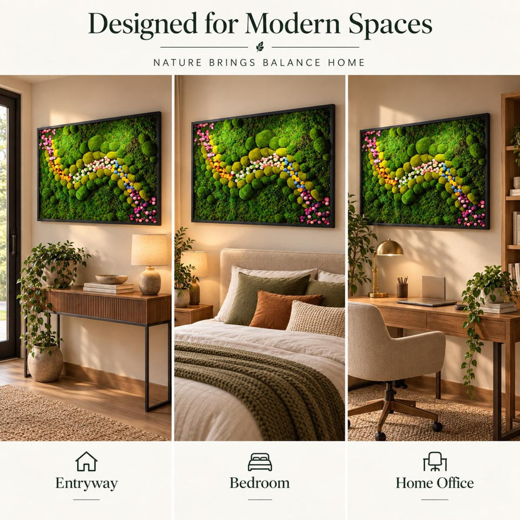 A rectangular wall art piece featuring preserved green moss with a winding path of small, colorful pebbles in shades of yellow, pink, and white. The artwork is encased in a thin black frame and displayed in three different room settings.