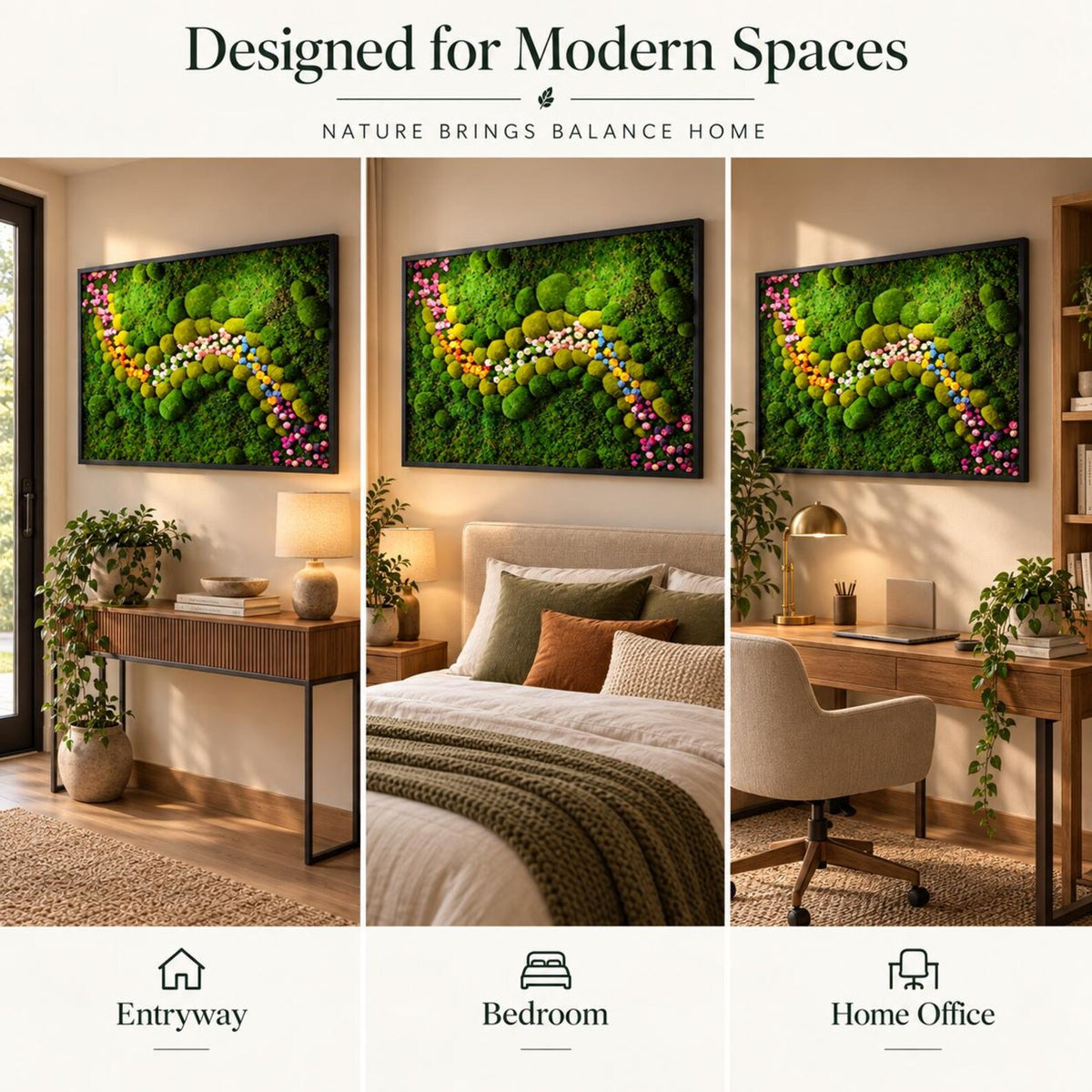A rectangular wall art piece featuring preserved green moss with a winding path of small, colorful pebbles in shades of yellow, pink, and white. The artwork is encased in a thin black frame and displayed in three different room settings.