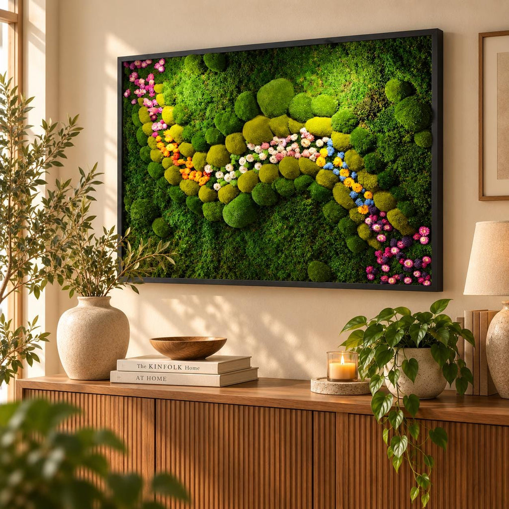A rectangular wall art piece featuring a dense arrangement of green moss mounds in various shades, accented by a winding path of small, colorful flowers in pink, yellow, white, and blue, all enclosed within a thin black frame.