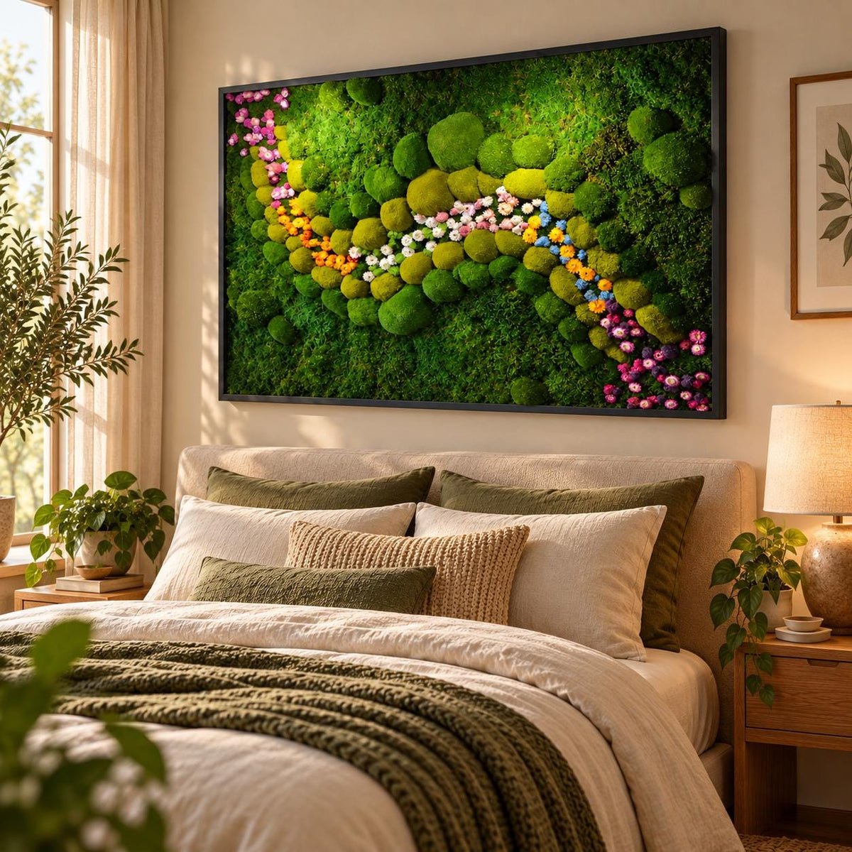 A rectangular wall art piece featuring a dense arrangement of preserved green moss in various shades, accented by a winding path of small, colorful flowers in shades of pink, yellow, white, and blue, all enclosed in a black frame.