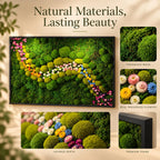 A rectangular wall art piece featuring preserved green moss and colorful dried flowers arranged in a winding path. The text Natural Materials, Lasting Beauty appears above. Includes close-up views of the moss, flowers, and black frame.