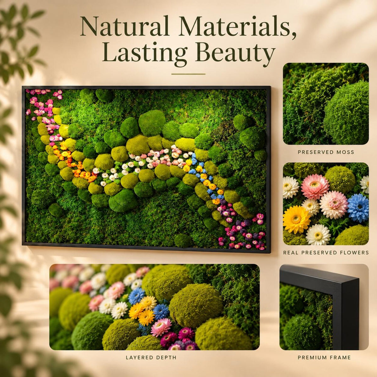 A rectangular wall art piece featuring preserved green moss and colorful dried flowers arranged in a winding path. The text Natural Materials, Lasting Beauty appears above. Includes close-up views of the moss, flowers, and black frame.
