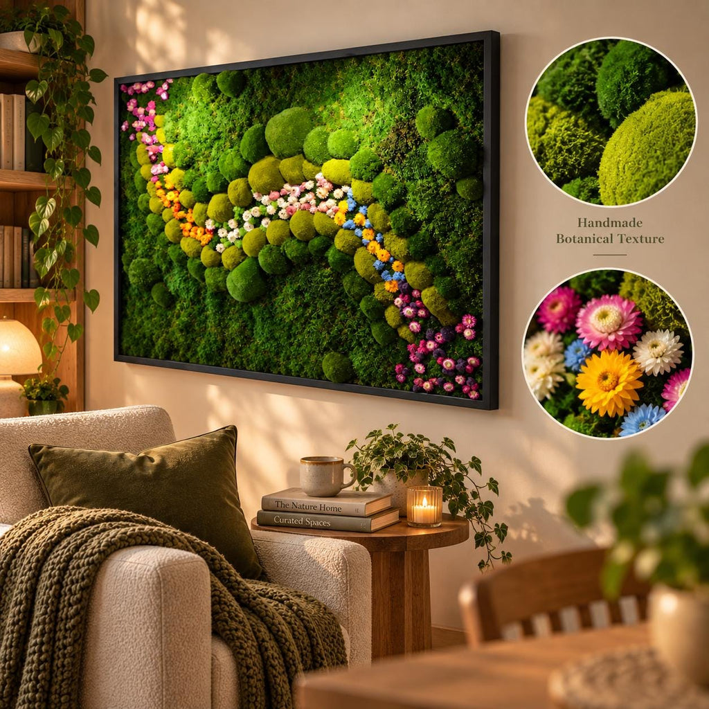 A rectangular wall art piece featuring preserved green moss in various shades and textures, accented by a winding path of small colorful flowers in pink, yellow, white, and blue. The artwork is framed in black and includes two circular insets.