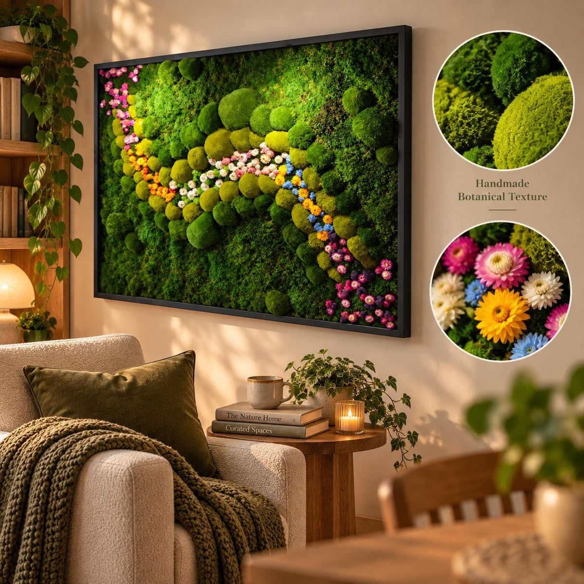 A rectangular wall art piece featuring preserved green moss in various shades and textures, accented by a winding path of small colorful flowers in pink, yellow, white, and blue. The artwork is framed in black and includes two circular insets.