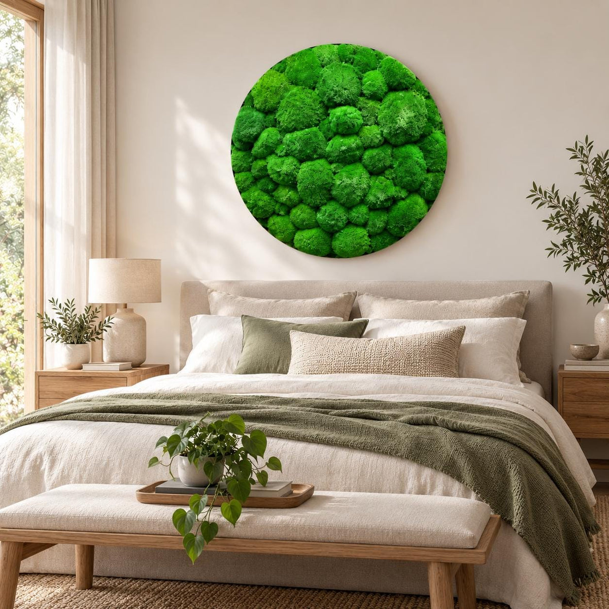A circular wall art piece composed of dense, vibrant green preserved moss clusters. The artwork features a textured, three-dimensional surface with varying shades of bright and deep green, creating a natural, organic appearance.