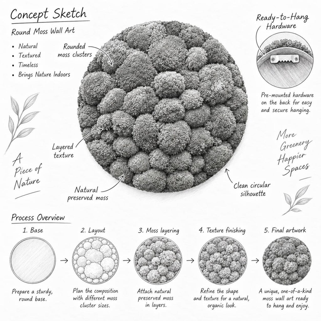 A round moss wall art piece featuring natural preserved moss clusters with a layered texture and a clean circular silhouette. The image includes a process overview diagram showing five steps from a base to the final artwork, plus text labels describing the hardware and design features.