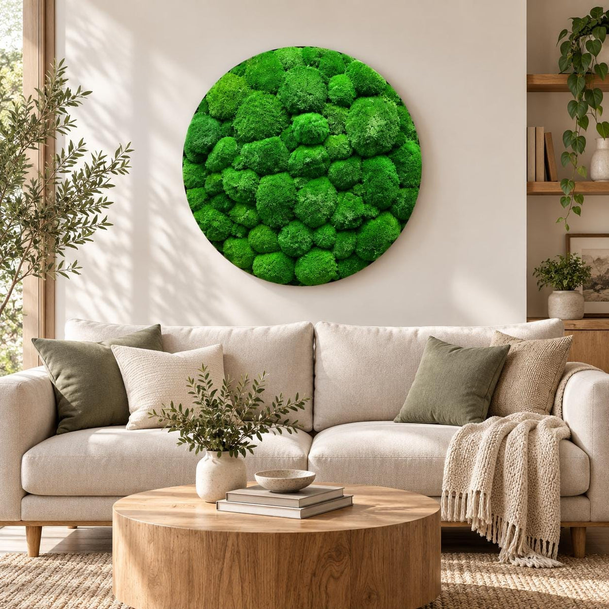 A circular wall art piece featuring a dense, textured arrangement of vibrant green preserved moss. The artwork consists of numerous rounded, clumped moss formations in varying shades of bright and deep forest green, creating a relief.