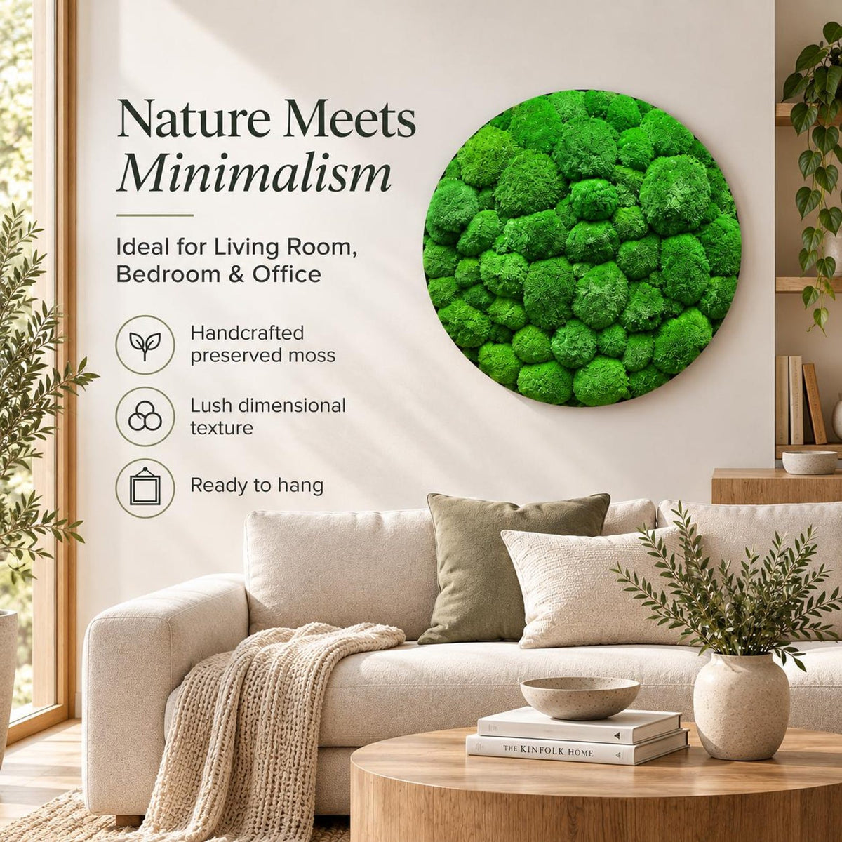 A circular wall art piece composed of vibrant green preserved moss with a dense, textured, and rounded appearance. The wall art is displayed above a beige sofa, featuring the text Nature Meets Minimalism and additional descriptive icons.