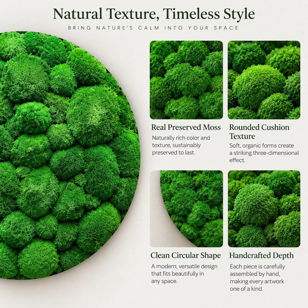 A circular wall art piece featuring dense, vibrant green preserved moss with a rounded, three-dimensional cushion texture. The artwork displays natural, organic forms and a deep, rich color palette, showcasing a clean, circular shape and handcrafted depth throughout the entire surface.
