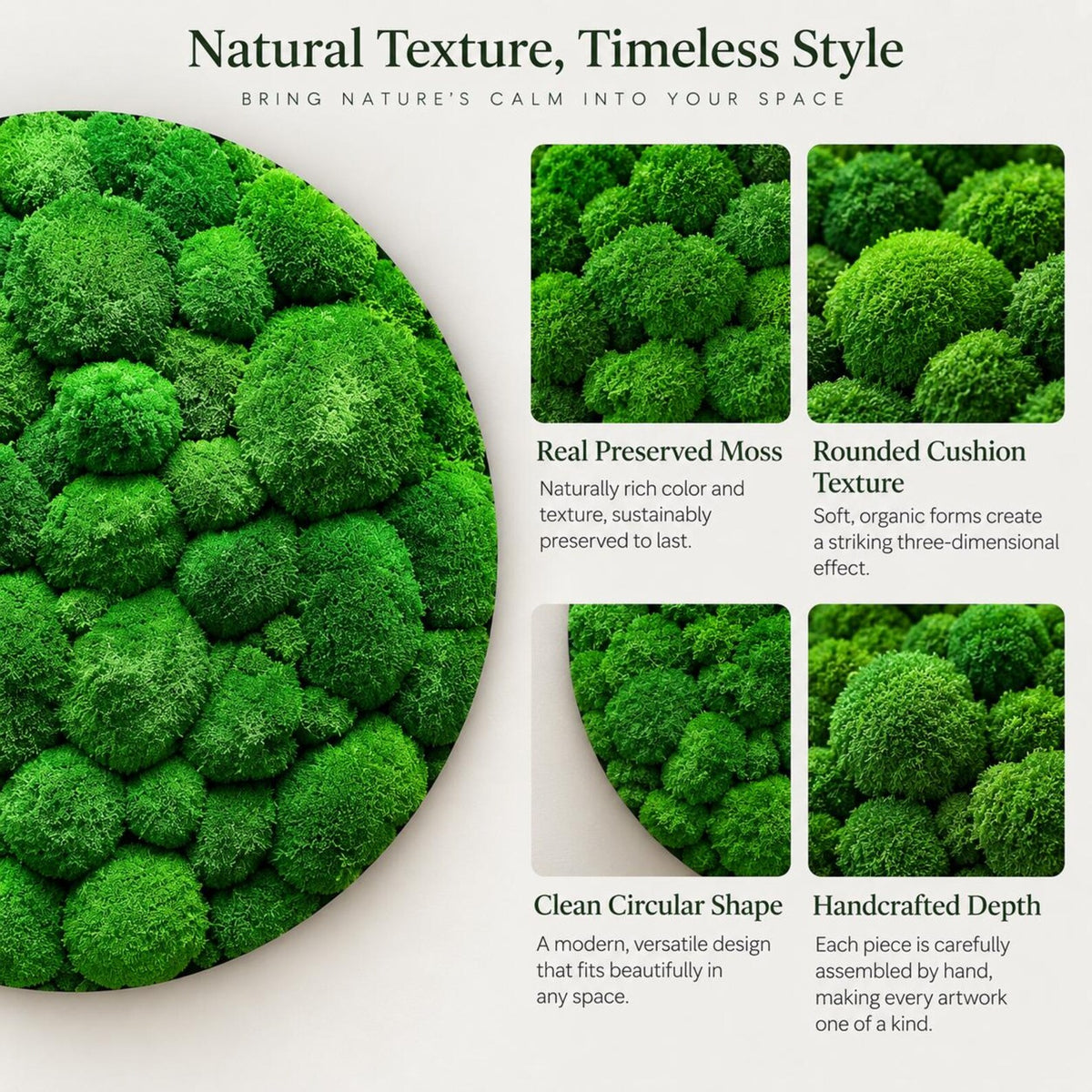 A circular wall art piece featuring dense, vibrant green preserved moss with a rounded, three-dimensional cushion texture. The artwork displays natural, organic forms and a deep, rich color palette, showcasing a clean, circular shape and handcrafted depth throughout the entire surface.