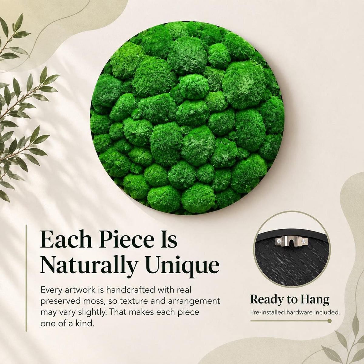 A circular wall art piece featuring dense, vibrant green preserved moss with a textured, rounded surface. A smaller inset shows the black circular frame from the back, including a pre-installed metal hanger for wall mounting.