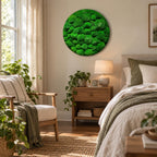 A circular wall art piece composed of dense, vibrant green preserved moss clusters. The artwork features a textured, rounded surface with varying shades of green, creating a natural, organic appearance mounted on a wall.