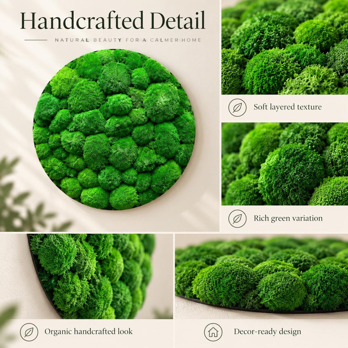 A circular wall art piece featuring dense, vibrant green moss clusters with a soft, layered texture. The display highlights rich green color variations and an organic, handcrafted appearance, presented with text reading Handcrafted Detail.