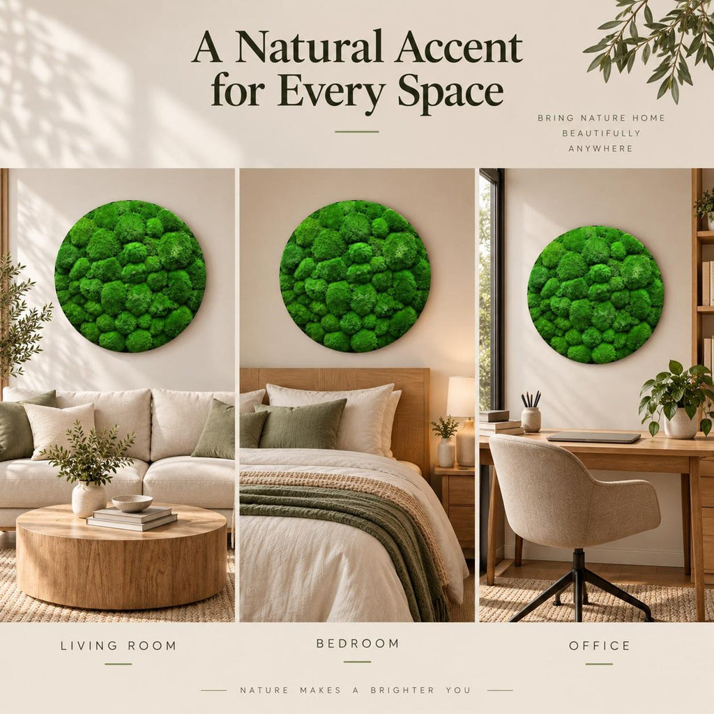 A circular wall art piece featuring vibrant green preserved moss, displayed in three different interior settings: a living room with a sofa, a bedroom with a bed, and an office with a desk. The text reads A Natural Accent for Every Space.