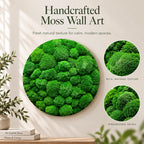 A circular wall art piece featuring dense, vibrant green preserved moss with a textured, rounded surface. The image includes text reading Handcrafted Moss Wall Art and Fresh natural texture for calm, modern spaces, with two circular insets showing rich, natural texture and dimensional detail.